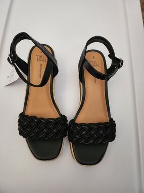 Time and Tru Black Braided Ankle-Strap Sandals